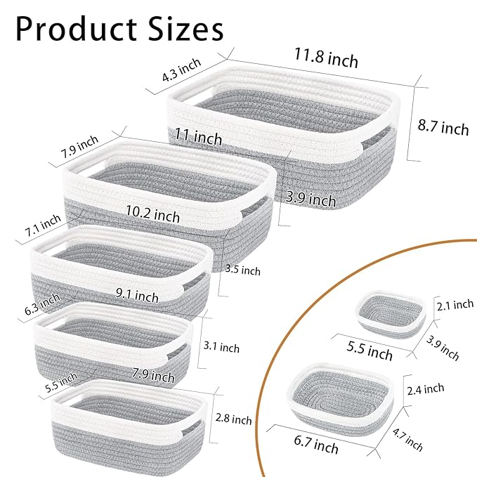 7 Piece Cotton Rope Woven Basket Set - Small Basket for Baby Nursery, Pets, Montessori, Dog & Cat Toy Boxes, Bathroom Organization Bins (White/Gray)