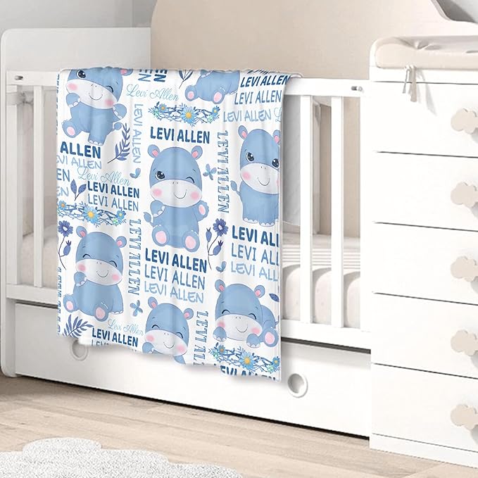 Personalized Baby Blanket for Girls Boys Kids Hippo Custom Baby Blanket with Name Throw Birthday Gift for Toddlers Infants Shower Newborns Nursery Stroller Crib Bed Decor