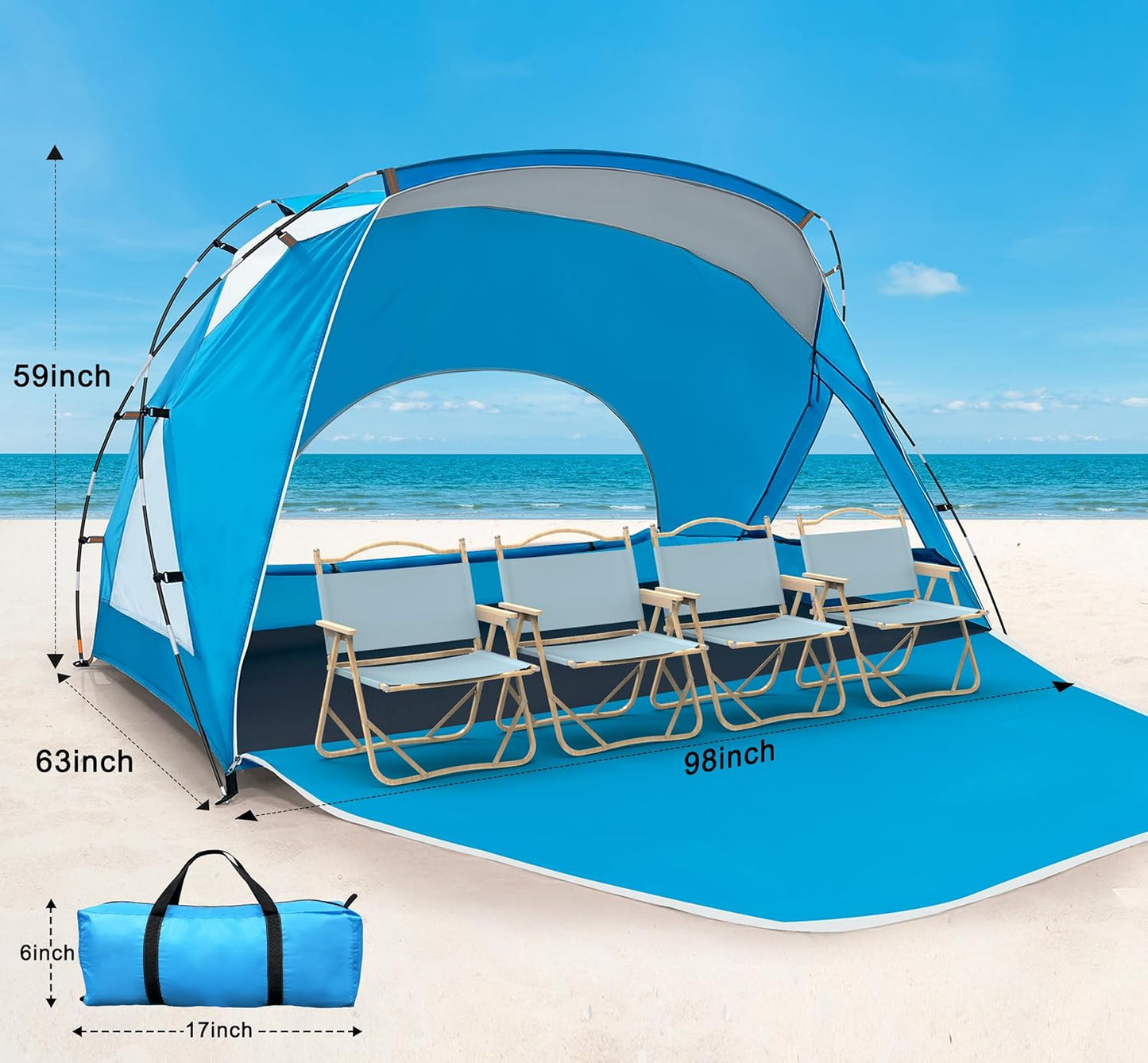 Beach Tent, Portable Sun Shelter for 2/3/4/6-8 Person with UPF 50+ UV Protection, Easy Setup Waterproof Beach Shade Canopy Cabana for Family Outdoor and Picnics, Fishing with Carrying Bag