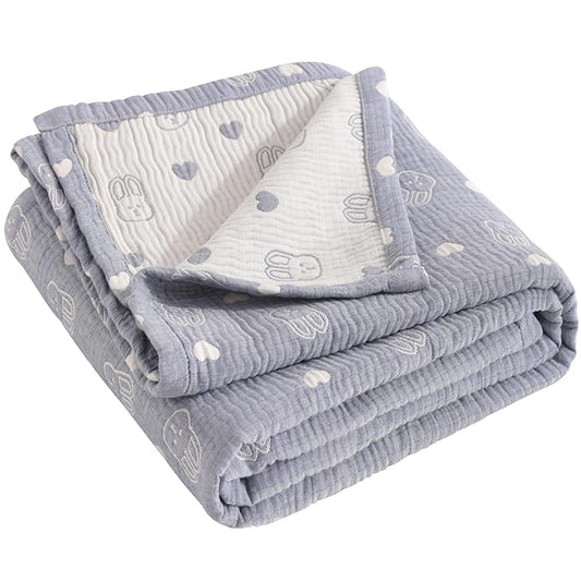 NTBAY 3 Layer Muslin Cotton Toddler Blanket, Jacquard Reversible Nursery Bed Blanket, Super Soft and Thermal for All Seasons, Decoration Gift, 30"x40", Blue Rabbit