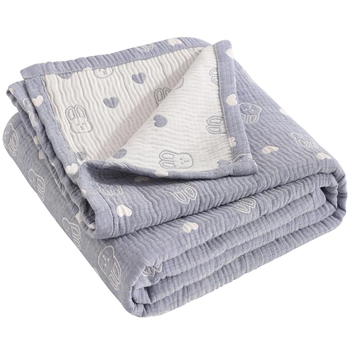 NTBAY 3 Layer Oversized Muslin Cotton Toddler Blanket, Jacquard Reversible Nursery Bed Blanket, Super Soft and Thermal for All Seasons, Baby Gift, 45"x60", Blue Rabbit