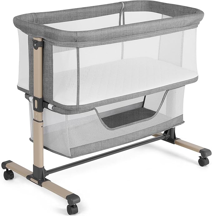 Cowiewie Bassinet Bedside Sleeper, Portable, Breathable, Adjustable Baby Bedside Bassinet for Peaceful Nights, Grey