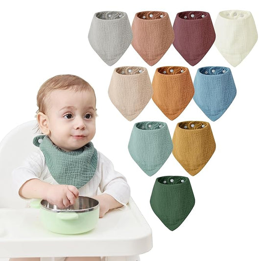 JELLYMONI 10 Pack Muslin Drool Bibs for Babies - Soft Adjustable Bandana Bib with Snaps, Absorbent Unisex Teething Bib for Newborn Girls & Boys