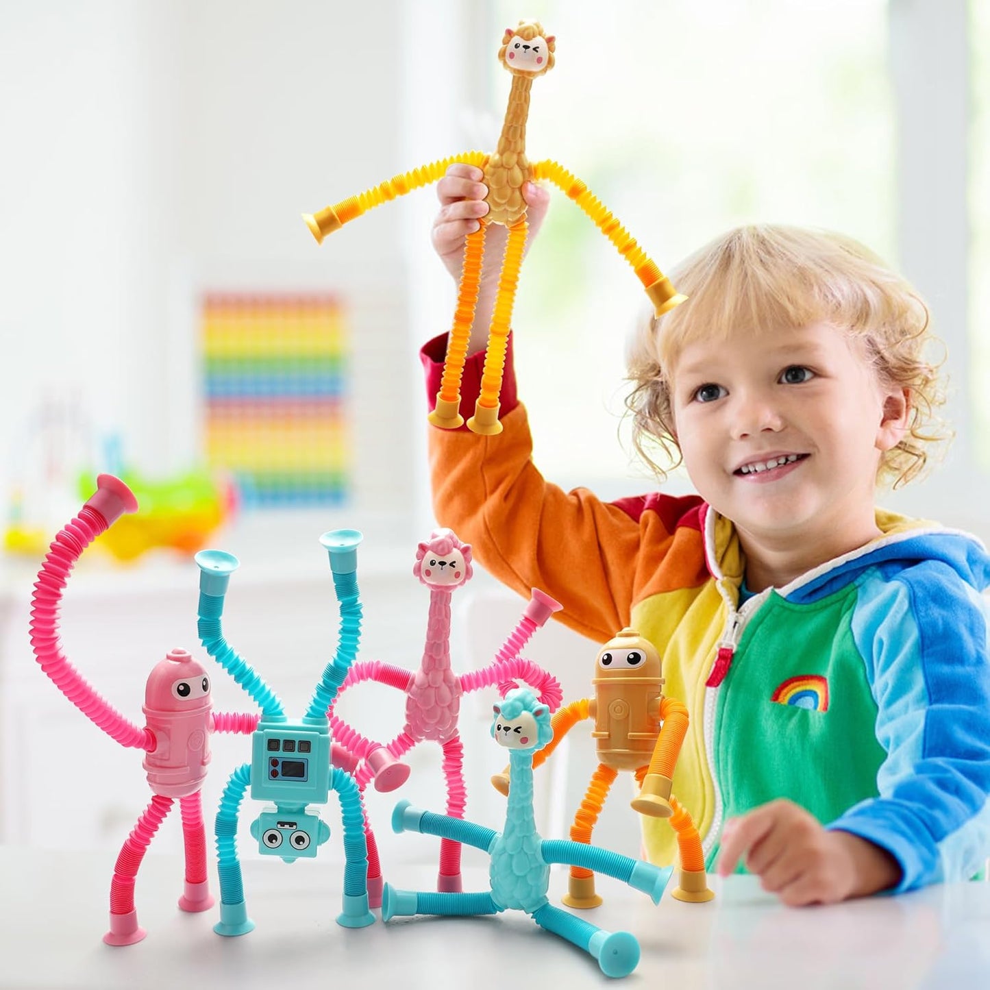 Sucker Pop Tube Animals, 9 Pack Suction Cup Pop Tube Animals, Telescopic Sucition Cup Pop Toys, Pop Tubes Fidget Toys for Kids 3-5, 5-7, 8-12 (9 Pack)