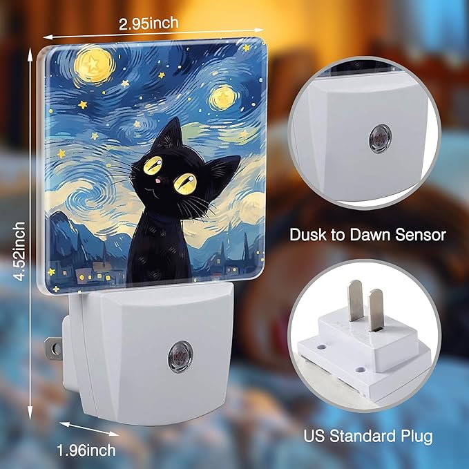 Starry Night Black Cat Night Lights Plug into Wall for Girls Boys Room, Night Lights LED Lamp with Dusk to Dawn Sensor Nightlight for Bedroom Kitchen Bathroom Hallway Home Wall Decor