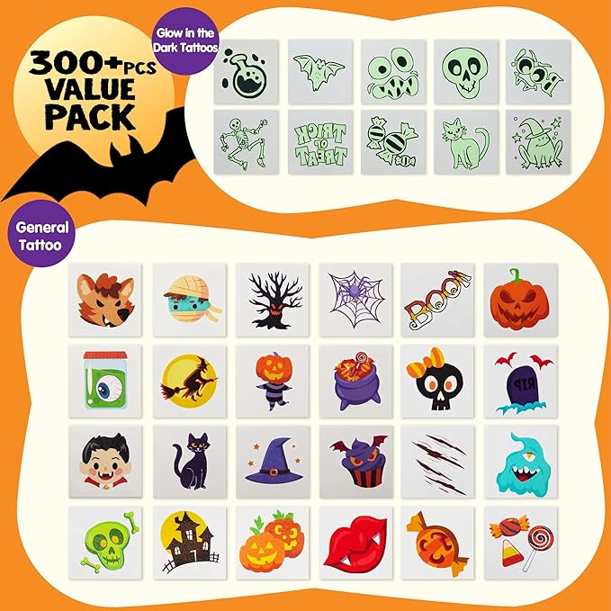 JOYIN 306 Pcs Halloween Tattoos for Kids, Glowing Temporary Tattoos in Assorted Designs Bulk for Child Trick or Treat Gifts Halloween Party Favor Decorations Goodie Bags Supplies Class Game Prizes