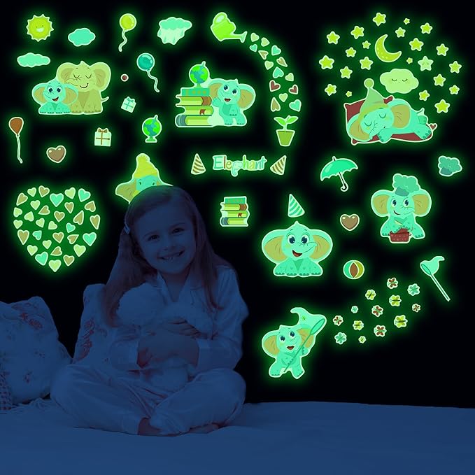 Glow in The Dark Cute Elephants Wall Decals, Animal Star Stickers for Baby Girls Boys Room, Luminous Ceiling Decor for Bedroom Playroom Nursery