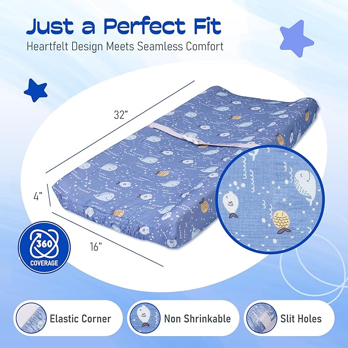 100% Muslin Changing Pad Cover Ultra Soft, Breathable, Secure Fit, Fade-Resistant Prints for Boys and Girls (Pack 2)