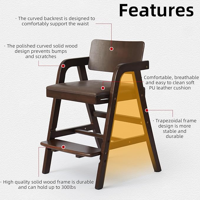 Wooden High Chair for Babies & Toddlers, Adjustable Kids Dining Chair with Removable Cushion (Walnut)