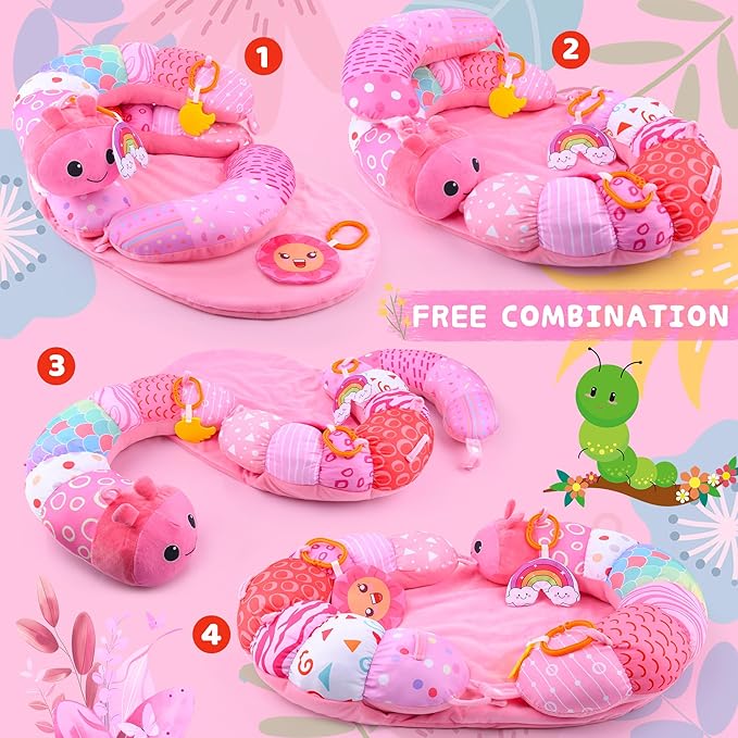 2-in-1 Tummy Time Mat & Seated Support Pillow Baby Toys 6-12 Months, Baby Tummy Time Toys Sit Me Up Floor Seat for Newborns and Older Babies, with Detachable Support Pillow and Toys(Pink)