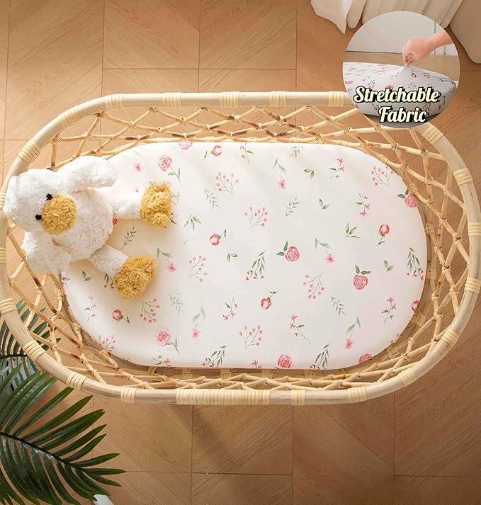 SDY Soft Bassinet Sheets,Pink Rose Bassinet Fitted Sheets for Boys Girls Set 2 Pack,Universal Fit for Rectangle, Round, Oval, Hourglass Mattress Set 32 * 16 * 4 inches (Floral,Pink Rose)