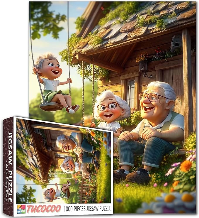 1000 Piece Jigsaw Puzzle for Adults Students Cute Old Couple Sitting On Porch with Boy Swinging in Garden Puzzles Sunny Day Nature Scene Colorful 20×27 Inches Relaxing Educational Jigsaws Game
