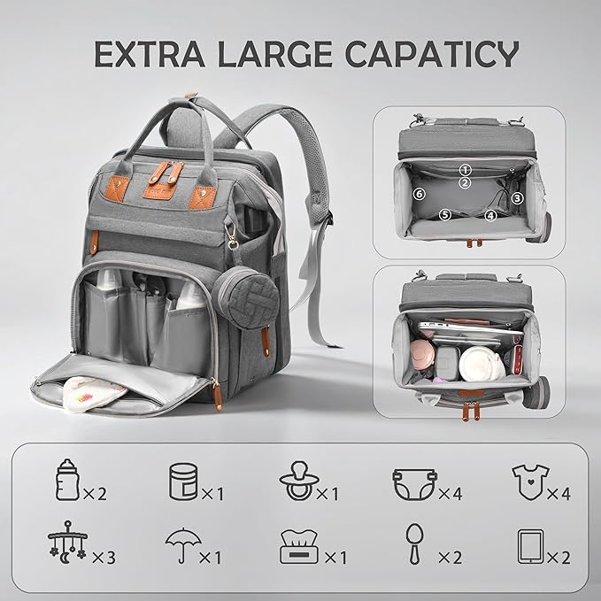 Diaper Bag Backpack with Changing Station, Multifunction Travel Baby Bag, Waterproof Baby Tote, Large Capacity Mommy Bag, Newborn Essentials Backpack Bag, Unisex, Gray