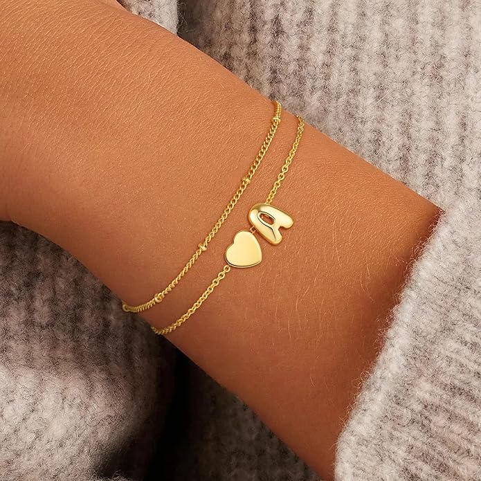 Heart Initial Bracelets for Women Girls - 18K Gold Plated A-Z Initial Bracelet Dainty Gold Bracelets for Women Teen Girl Gifts Trendy Stuff