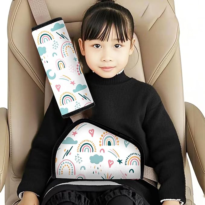 Kid'S Seat Belt Cover Pad, Neck & Abdomen Cushion For Children- Soft And Breathable Straps Cover Support For Booster Seat, Strollers, And High Chairs | Hypoallergenic Travel Accessory, Rainbow