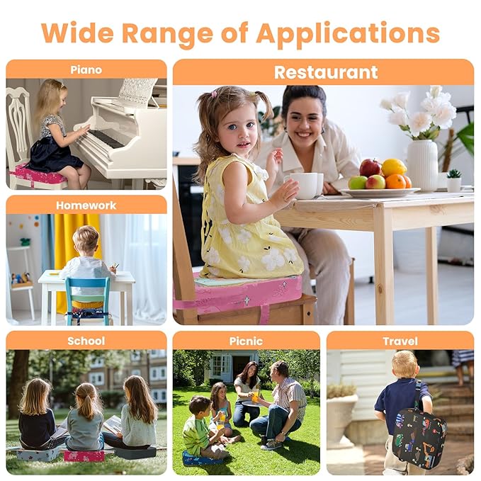 Toddler Booster Seat for Dining Table, Kids Booster Seat for Kitchen Chair with Non-Slip Bottom, Portable Detachable Washable Increasing Cushion with 2 Adjustable Straps (Excavator)