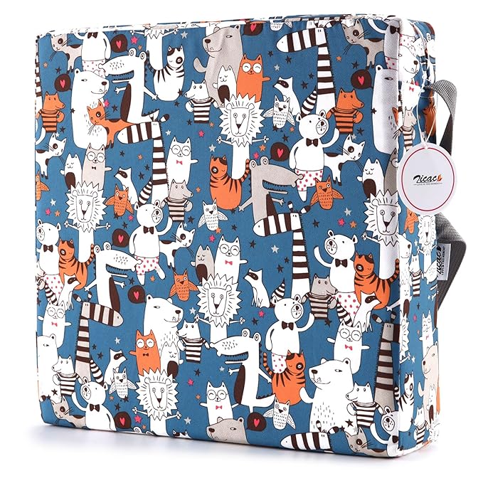 Zicac Portable Toddler Booster Seat for Dining Table, Safer Non-Slip Kids Booster Seat with Double Adjustable Straps, Washable Detachable Strong Support Increasing Cushion for Child (White Blue)