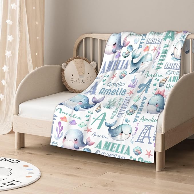 Personalized Baby Blanket for Girls Boys Kids Whales Custom Baby Blanket with Name Throw Birthday Gift for Toddlers Infants Shower Newborns Nursery Stroller Crib Bed Decor