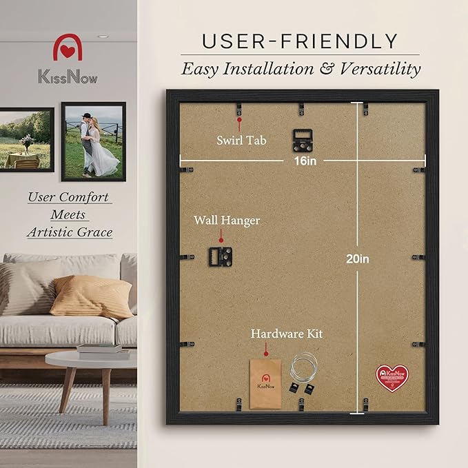 16x20 Picture Frame 2 Pack, Textured Black Solid Wood, Wall Gallery Poster Frame