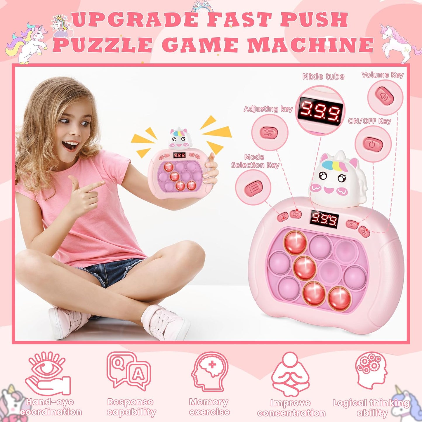Upgraded Quick Push Game Pop Bubble Up Toys for Kids, Funny Toys with LED Screen for Kids 3-12 for Girls and Boys Bubble Stress,Handheld Puzzle Game Sensory Toys(Batteries Included)(Unicorn)