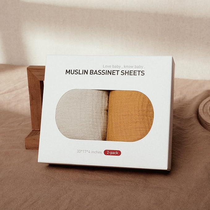 Muslin Bassinet Fitted Sheets, 2 Pack for Baby Boy and Girl, Soft Breathable Stretchy Baby Pad/Mattress Sheet Set, Universal Fit for Hourglass Oval and Rectangle Bassinet Mattress (Elegant Colors)