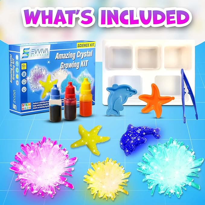Evviva Sciences Crystal Growing Kit for Kids Science Kit to Make & Grow Rocks, Crystals, Gems – Easy All Inclusive Set – Chemistry, Geology & Learning Experiment Toy – w/eBook