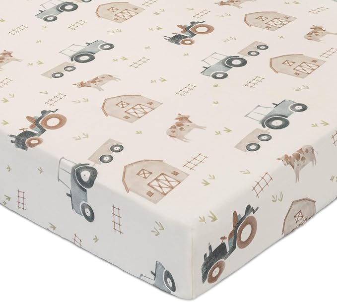 Crane Baby Charlie Farmhouse Tractor Crib Fitted Sheet, 100% Cotton Baby Bed Sheets, Farm Nursery Decor, Crib Sheets for Boys, Baby Registry Gift, Tractor Nursery Decor
