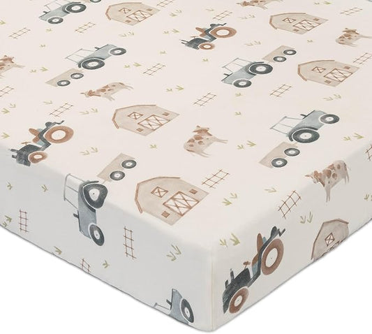 Crane Baby Charlie Farmhouse Tractor Crib Fitted Sheet, 100% Cotton Baby Bed Sheets, Farm Nursery Decor, Crib Sheets for Boys, Baby Registry Gift, Tractor Nursery Decor