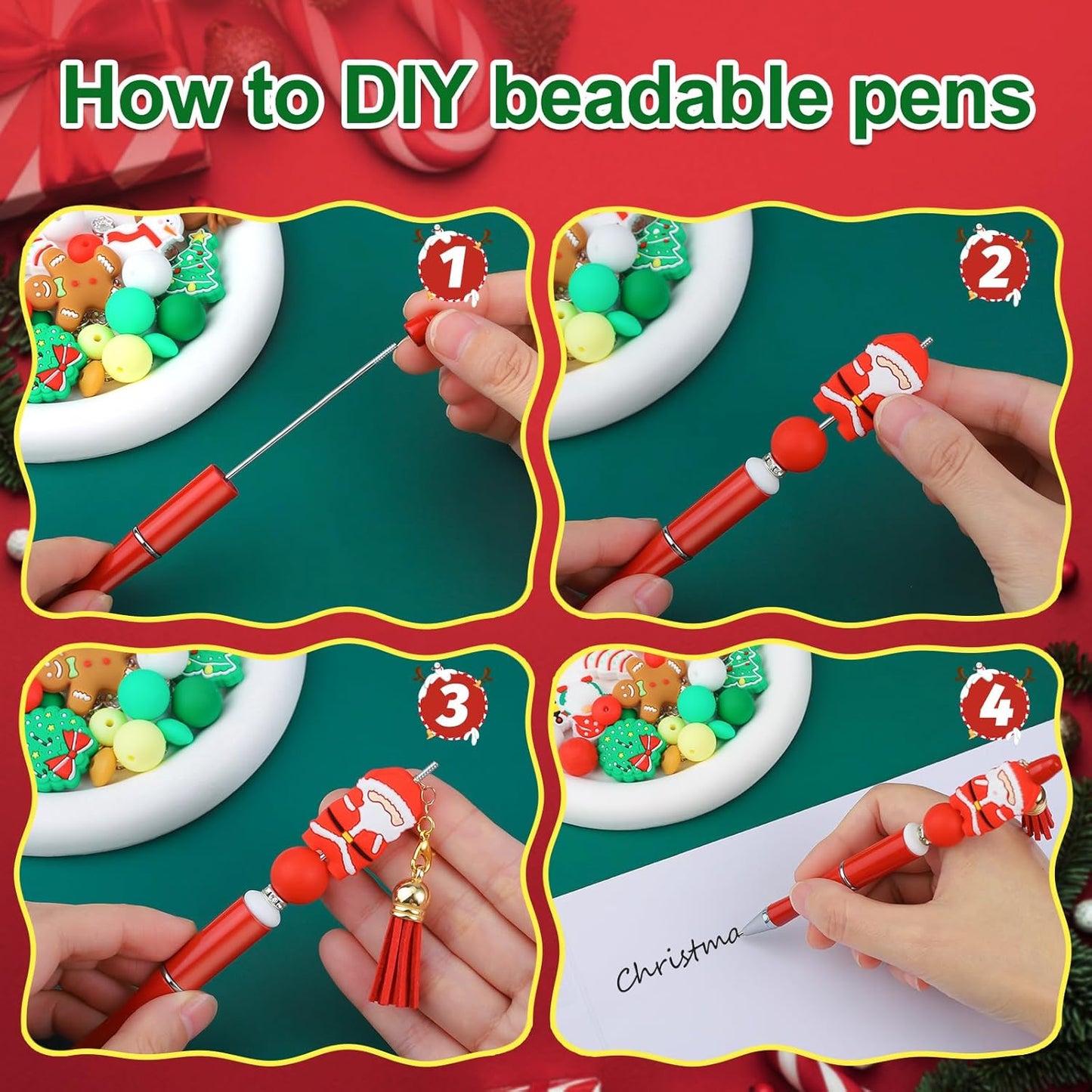CZWZ 8 Pcs Christmas Beadable Pens, Plastic Beadable Pens with Multicolor Silicone Beads, Christmas Snowman Pine Tree Floral Hoop Deer Pens for Christmas Gifts Office School Supplies
