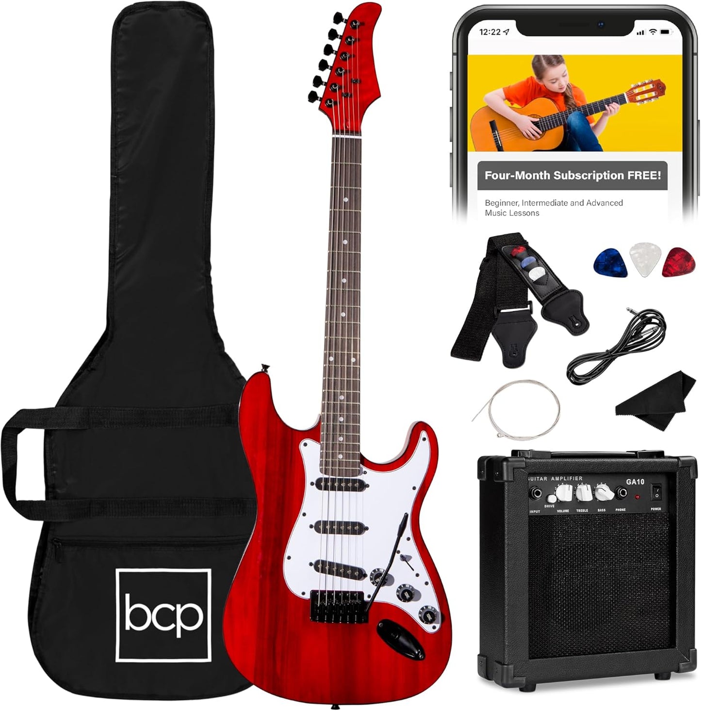 Best Choice Products 39in Full Size Beginner Electric Guitar Starter Kit w/Case, Strap, 10W Amp, Strings, Pick, Tremolo Bar - Cherry Red