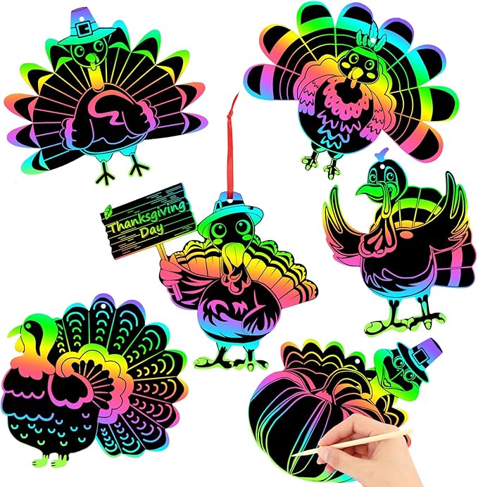 JULMELON 36Pcs Thanksgiving Fall Arts and Crafts, Rainbow Scratch Paper Art Cute Turkey Crafts for School Classroom Activity Autumn Harvest Thanksgiving Party Favors Gifts