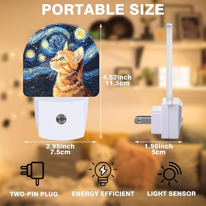 Starry Night Night Light, Orange Cat Night Lights Plug into Wall Dusk to Dawn Sensor Round Nightlight for Women Men Energy Efficient Led Lamp 0.5W for Stairway Hallway Bedroom