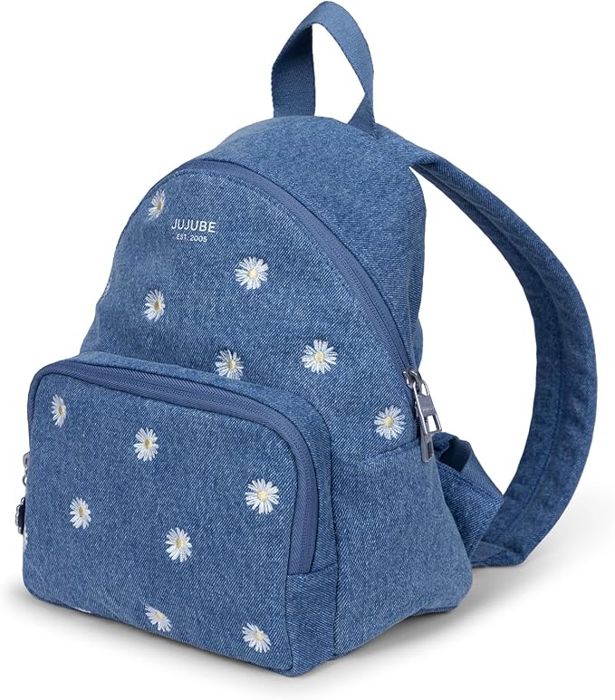 JuJuBe Mini Diaper Bag Backpack, Machine Washable Travel Backpack w/Adjustable Straps & 2 Pockets for Baby Bottles, Diapers, Pacifiers, Snacks, Changing Pad & Daily Essentials, Denim & Daisies (Blue)