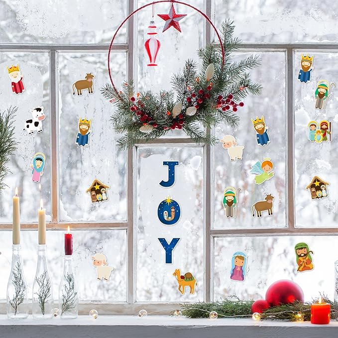 20 PCS Christmas Window Decor Nativity Thick Gel Clings Religious Christian Decoration Jesus Birth Window Clings Decals for Kids Toddlers Home Airplane Xmas Yuletide Party Classroom Nursery