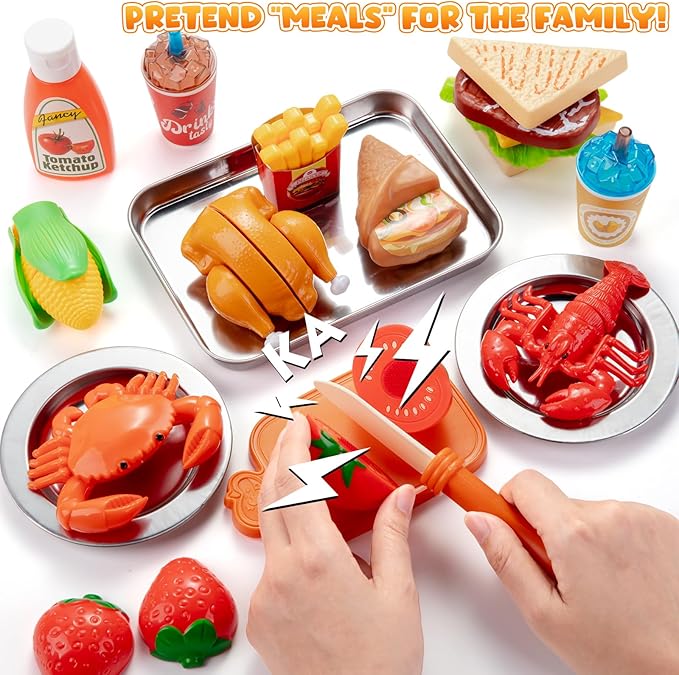 Juboury Pretend Play Food Set for Toddlers, Cutting Toy Food with Storage Bag, Stainless Steel Tray and Plates, Food Toys with Veggies, Fruits, Dessert, Pizza Toy, Play Kitchen Accessories for Kids