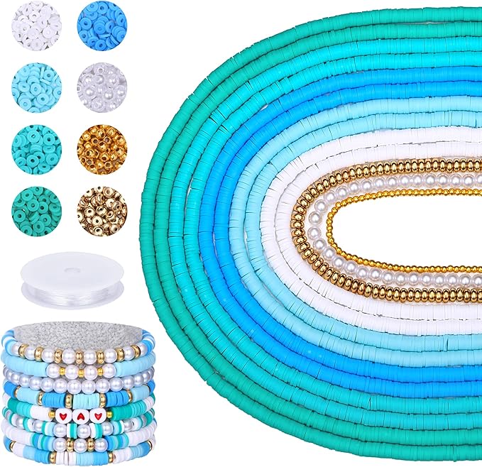 AceFun 3750PCS Clay Beads for Bracelets Making Polymer Clay Beads Kit with Pearl Beads Spacer Beads, Disc Heishi Beads Set for Jewelry Making Necklace Bracelet Earrings Finding, Blue Mixed