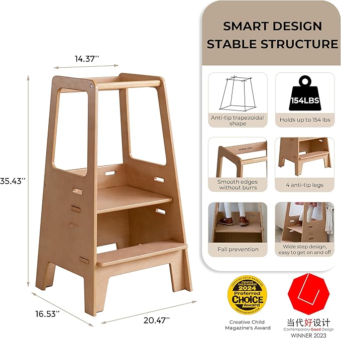 AVDAR Toddler Standing Tower Wooden Toddler Stool for Kitchen Adjustable, Winner 2023 of Contemporary Good Design, Montessori Kitchen Tools