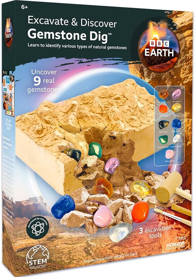 BBC Earth Excavate & Discover Gemstone Dig, Dig Up 9 Real Gemstones & Make Keychains, Rock Digging Excavation Kit, STEM Learning Kit, Kids Science Kit, Great 6 Year Old Boy Birthday Gift, Amazon Kids