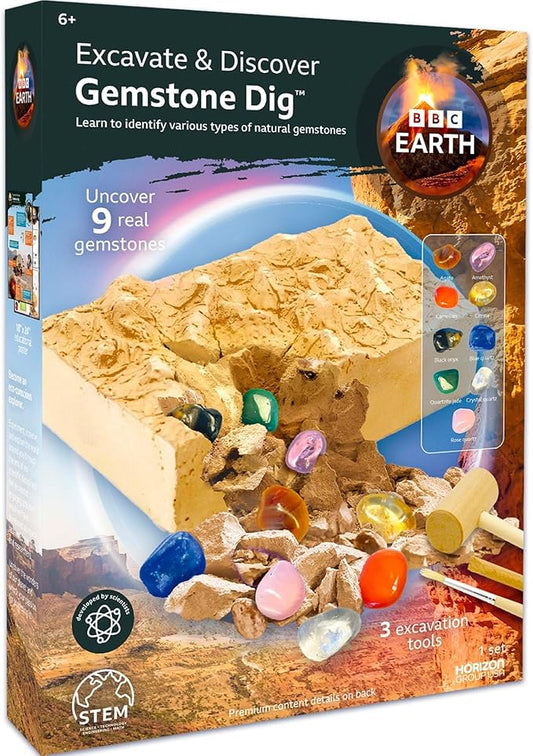 BBC Earth Excavate & Discover Gemstone Dig, Dig Up 9 Real Gemstones & Make Keychains, Rock Digging Excavation Kit, STEM Learning Kit, Kids Science Kit, Great 6 Year Old Boy Birthday Gift, Amazon Kids