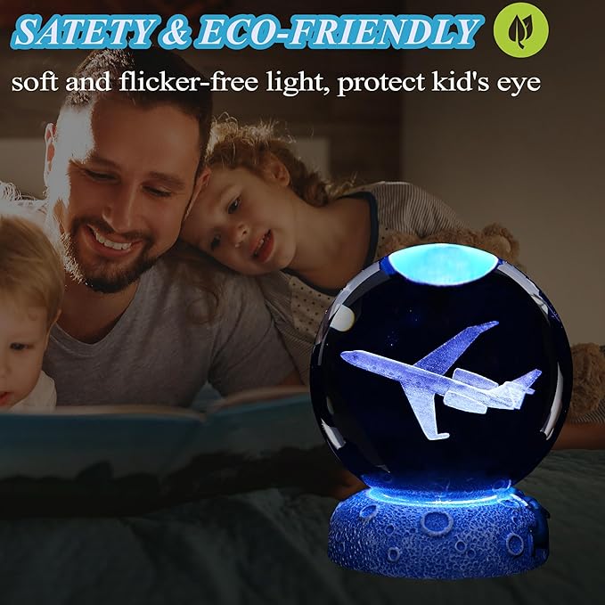 Planes Night Light, Aviation Gifts, 3D Crystal Ball 3.15 Inch (80mm) Airplane Night Light with Remote, Pilot Lamps with 16 Color for Birthday Xmas Cool Figurines Gifts for Room Decor Boys Girls