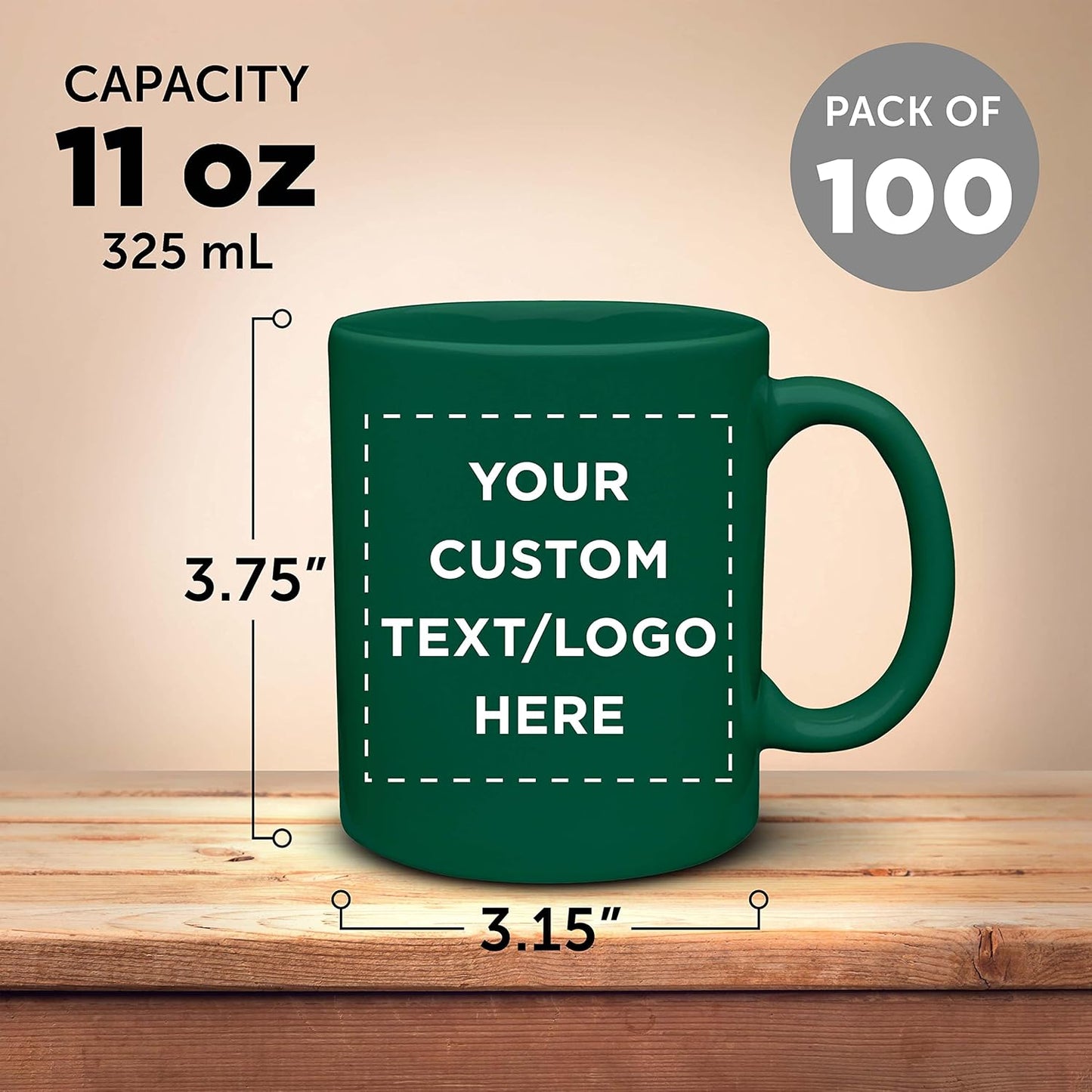 Custom Ceramic Coffee Mugs 11 oz. Set of 100, Personalized Bulk Pack - Coffee cup set, Iced coffee cup, Gaming mug - Green