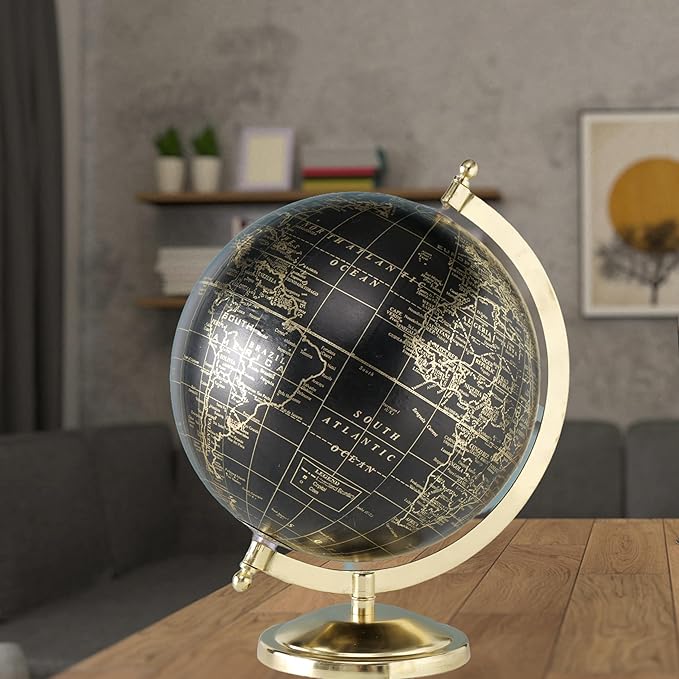 Explorers Globe, Incised Details, Black With Gold Accents, Mapped with Locations, Longitude and Latitude, Resin, Crescent Stand Mounted, Circular Gallery Base, 12.25 Inches Tall