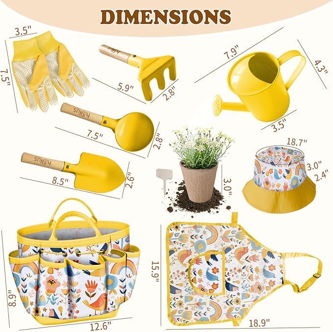 Kids Gardening Tool Set 18PCS Kids Toddler Gardening Set Includes Tote Bag Watering Can Apron Hat Rake Shovel Spoon Gloves Plant Pots and Labels, Outdoor Toys Gift for Boys Girls (Yellow)