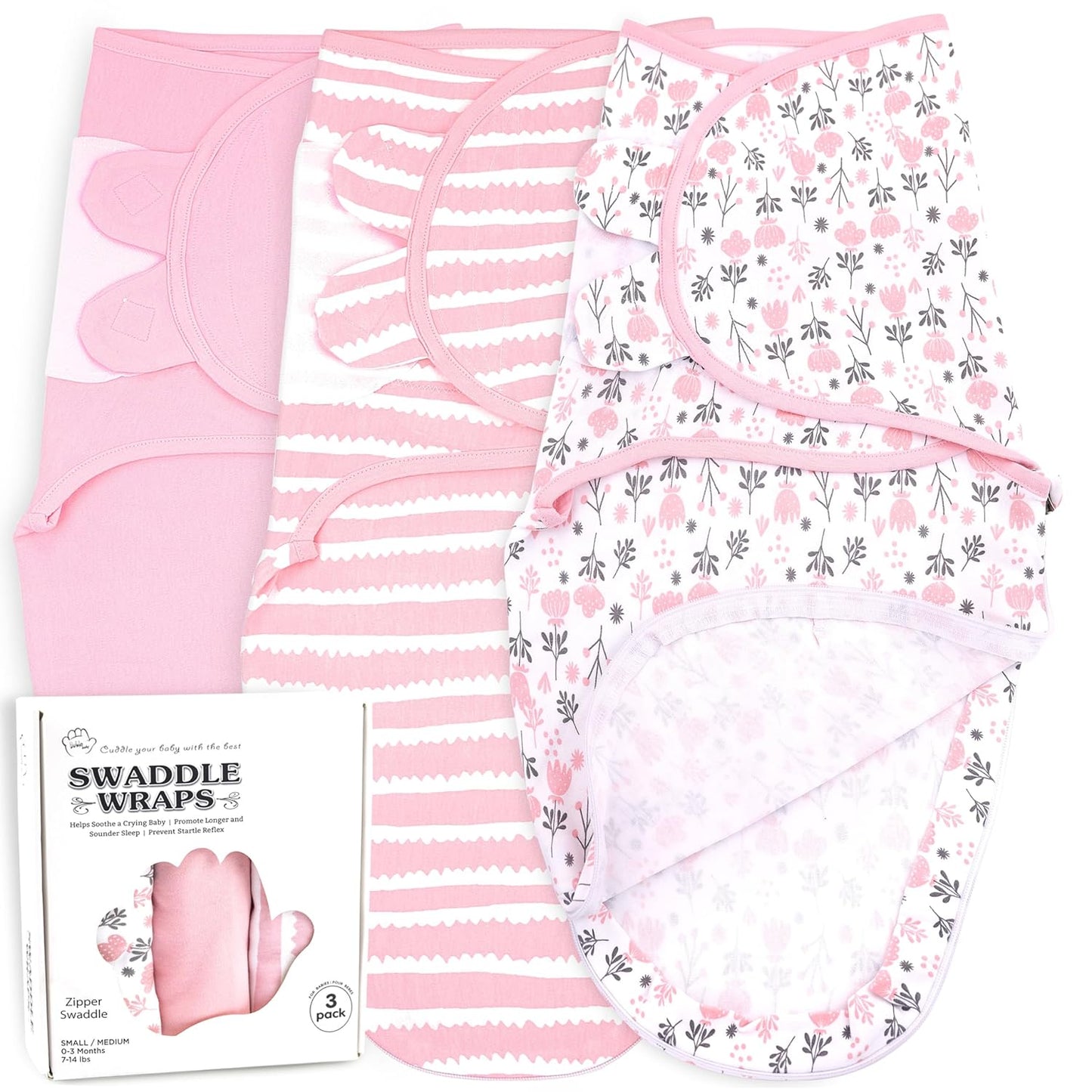 Bublo Baby Organic Swaddles for Newborns – Zipper Swaddles 0-3 Months, 3-Pack – Infant Sleep Sack with Zipper – Adjustable & Breathable Swaddle Blanket Wrap for Newborn Girls, Pink Flowers