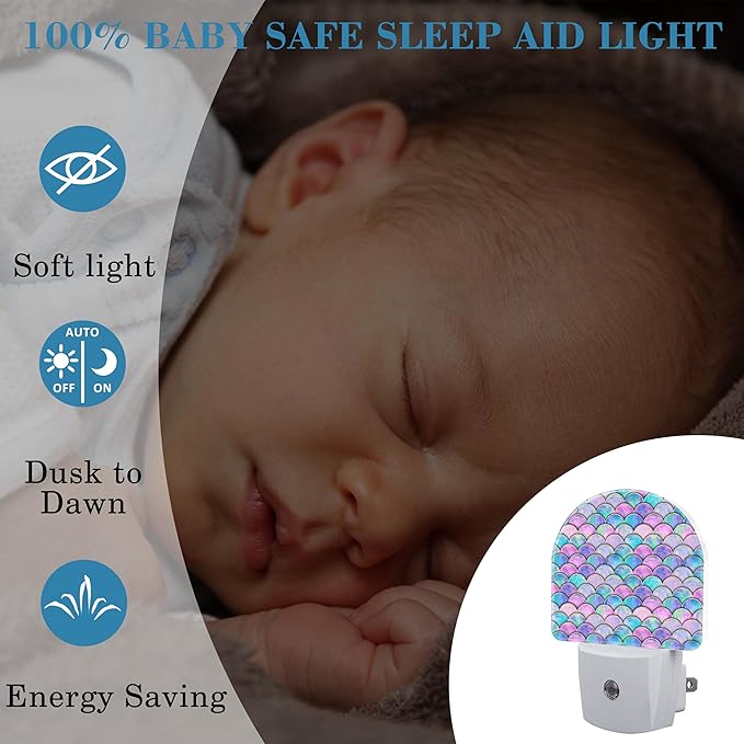 Night Light for Kids Girls Boys, Watercolor Mermaid Fish Scale Wave LED Night Light Plug into Wall with Dusk to Dawn Sensor for Room Decor, Hallway, Kitchen, Bathroom, Nursery, Stairs