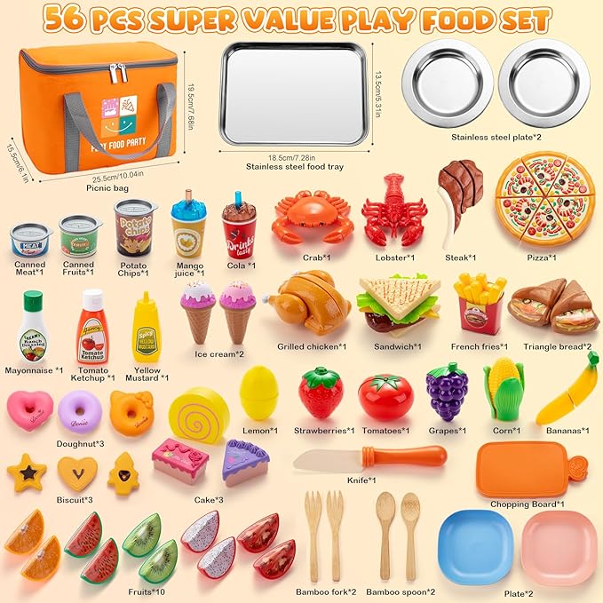 Juboury Pretend Play Food Set for Toddlers, Cutting Toy Food with Storage Bag, Stainless Steel Tray and Plates, Food Toys with Veggies, Fruits, Dessert, Pizza Toy, Play Kitchen Accessories for Kids