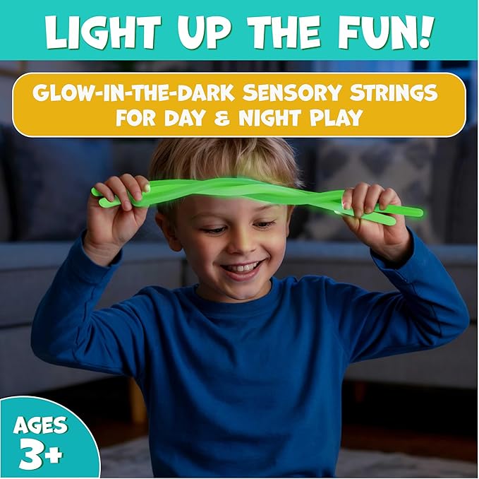 BUNMO Sensory Toys Stretchy Strings for Toddlers 3+ - Stimulating & Addictive Fidget Toys for Kids - Hours of Fun for Kids - Non-Mouthable Toy 3+ - Glow 6 Pack