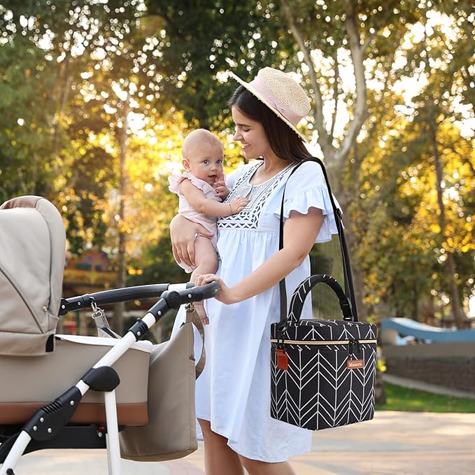 Mancro Breastmilk Cooler Bag, Insulated with Ice Pack, Fits 6 Baby Bottles Up to 9 Oz with On-The-Go Strap, Perfect for Nursing Moms and Daycare, Black Wave