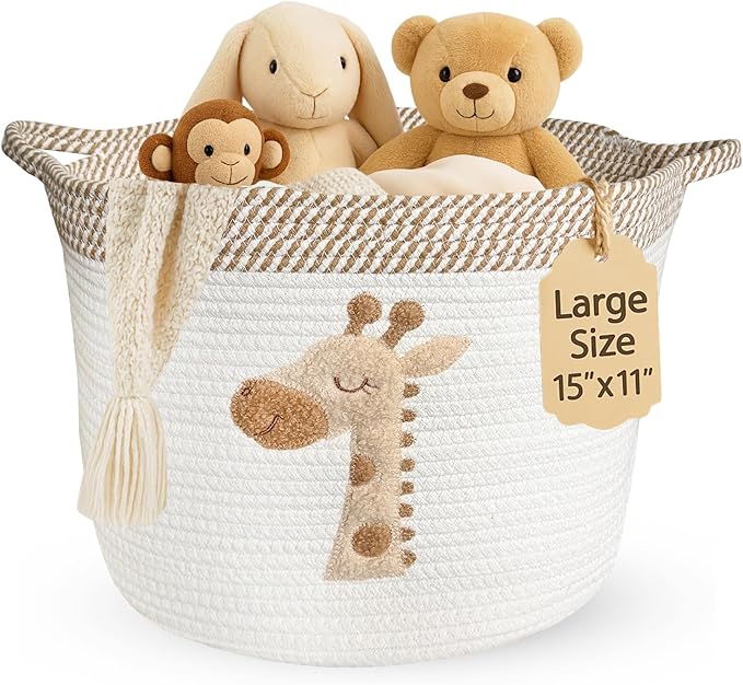 Giraffe Storage Basket for Nursery – Large 15”x11” Cotton Rope Bin with Soft Felt Animal Patch – Toy Organizer, Baby Laundry Hamper, Diaper & Towel Holder – Foldable, Washable & Baby-Safe