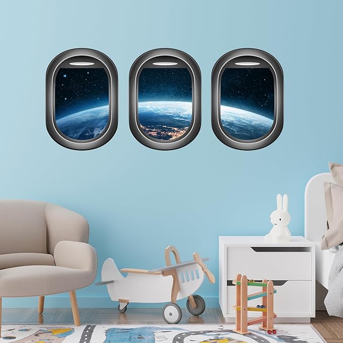 Glow in The Dark 3D Space Wall Decals, Set of 3 Galaxy Window Stickers for Wall, Space Themed Room Decor for Kids Boys (Blue)